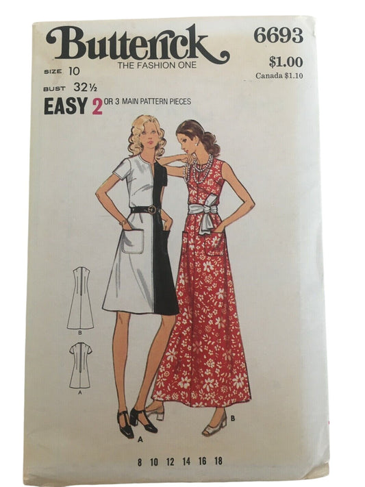 Butterick Sewing Pattern 6693 A-Line Dress 70s Vintage Maxi Midi Size 10 Uncut Boho