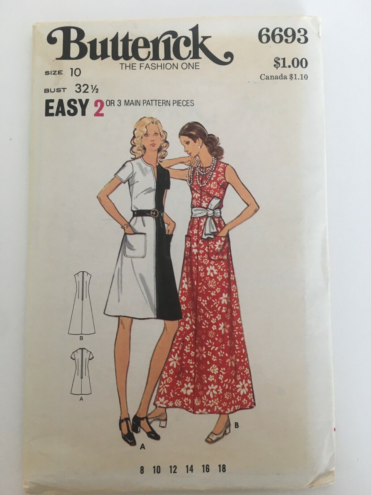 Butterick Sewing Pattern 6693 A-Line Dress 70s Vintage Maxi Midi Size 10 Uncut Boho