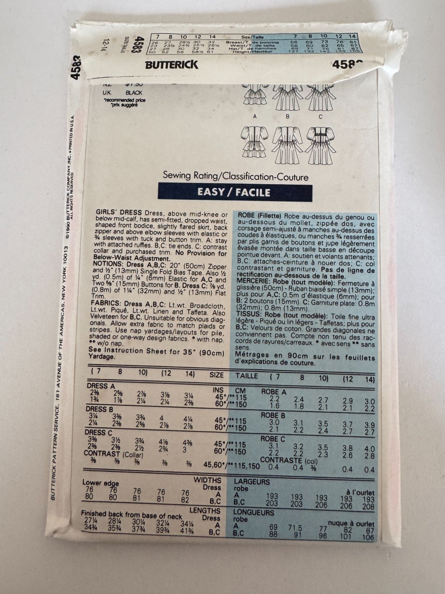 Butterick Sewing Pattern 4583 Girls Easter Dress Summer Spring Church Easy 12 14