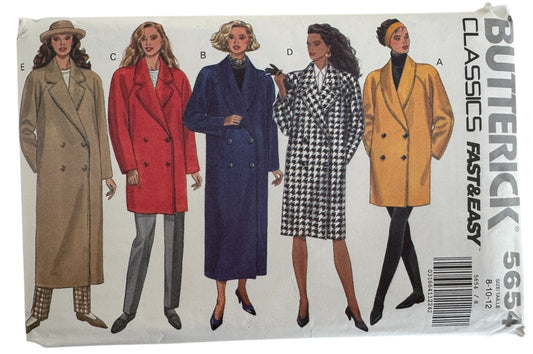 Butterick Sewing Pattern 5654 Misses A-Line Coat Career 1990s Size 8 10 12 Uncut