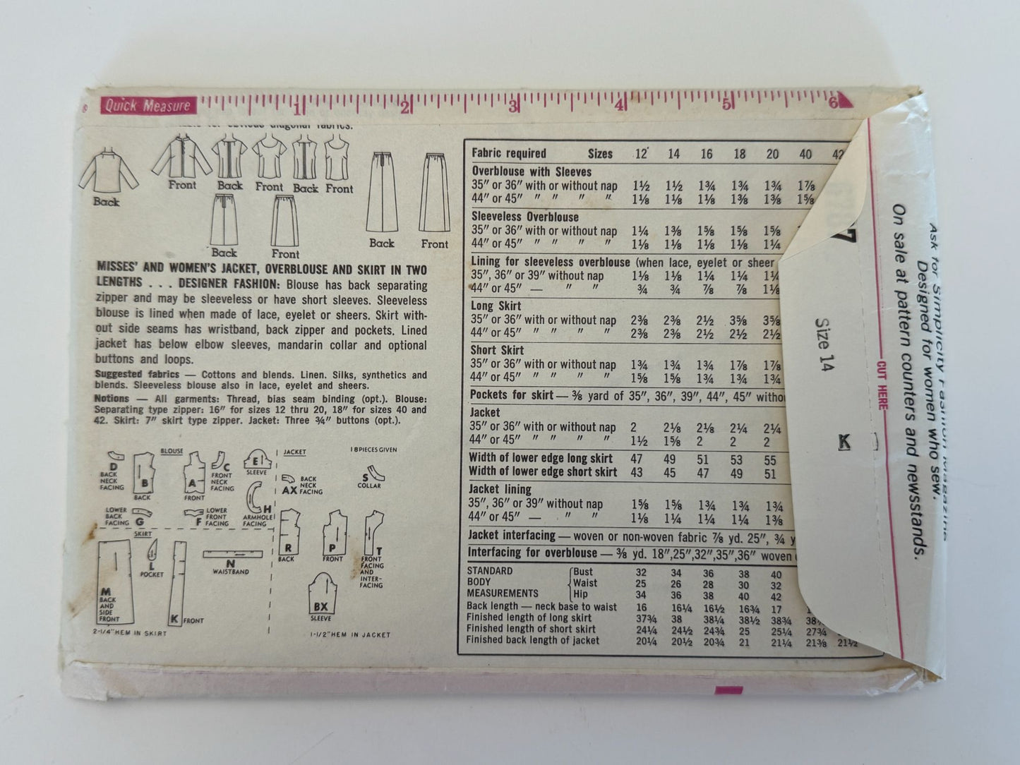 Simplicity Sewing Pattern 6787 Jacket Blouse Skirt 14 Designer Fashion 1960s UC