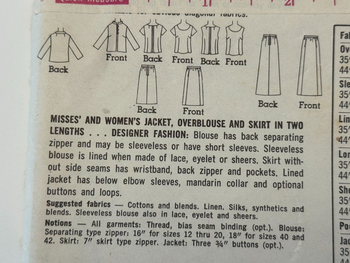 Simplicity Sewing Pattern 6787 Jacket Blouse Skirt 14 Designer Fashion 1960s UC