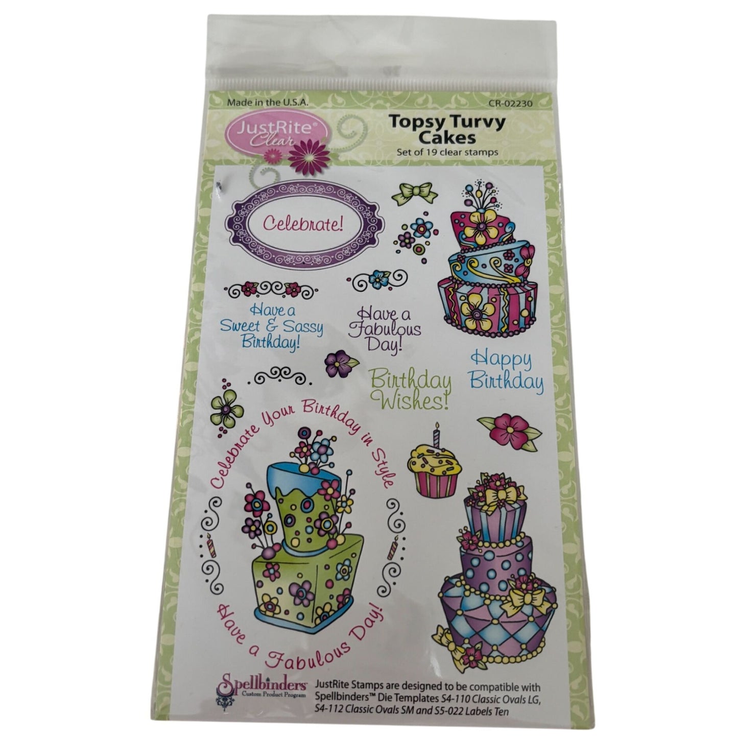 Topsy Turvy Cakes Clear Stamps Set Birthday Wishes Words JustRite Papercrafting Cardmaking Oval Cupcake