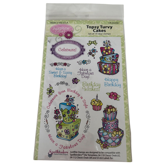 Topsy Turvy Cakes Clear Stamps Set Birthday Wishes Words JustRite Papercrafting Cardmaking Oval Cupcake