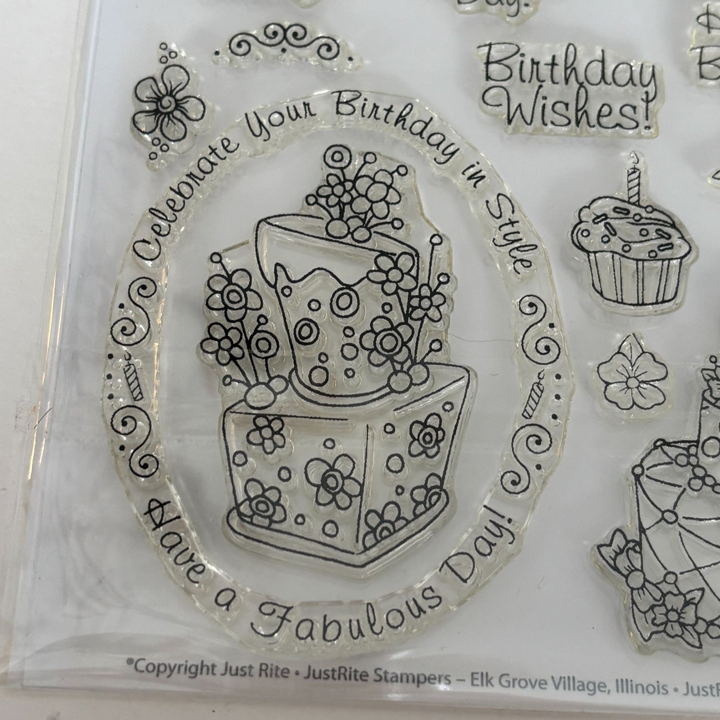 Topsy Turvy Cakes Clear Stamps Set Birthday Wishes Words JustRite Papercrafting Cardmaking Oval Cupcake