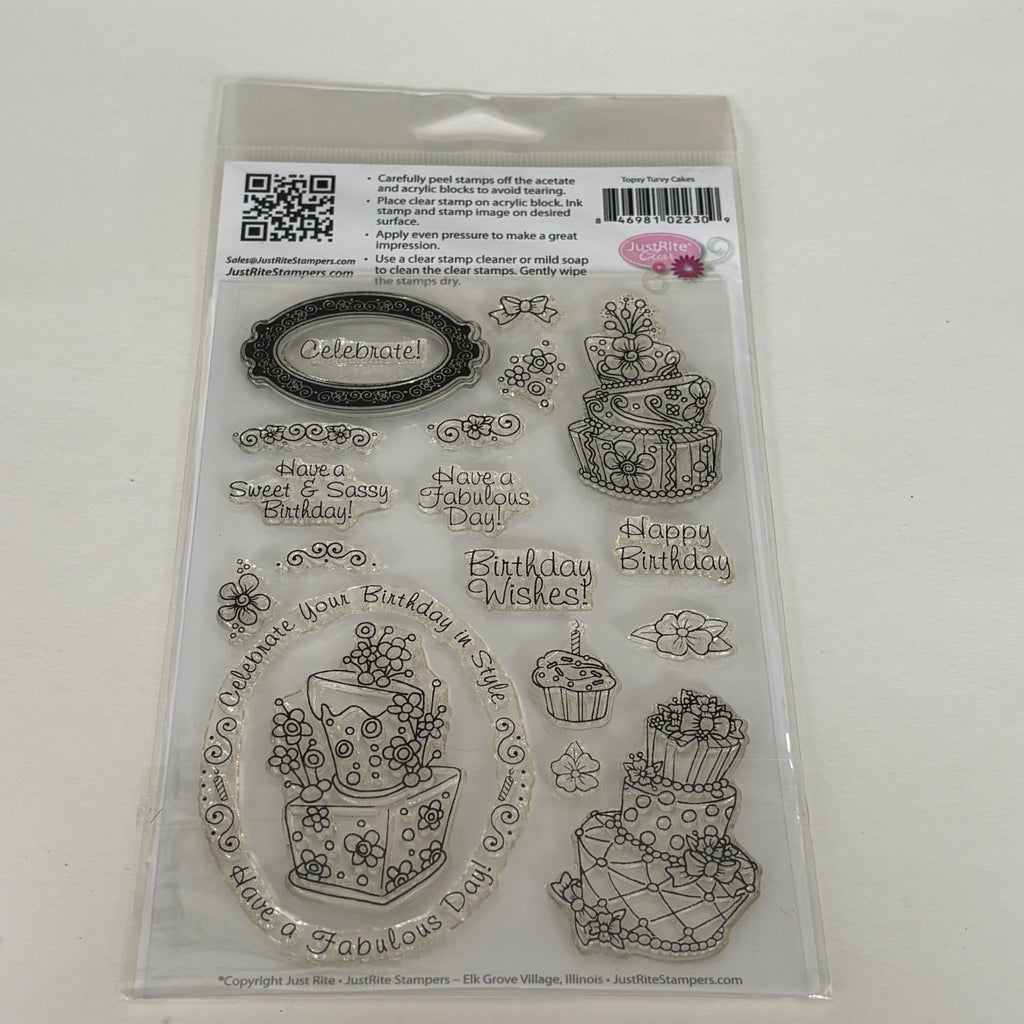 Topsy Turvy Cakes Clear Stamps Set Birthday Wishes Words JustRite Papercrafting Cardmaking Oval Cupcake