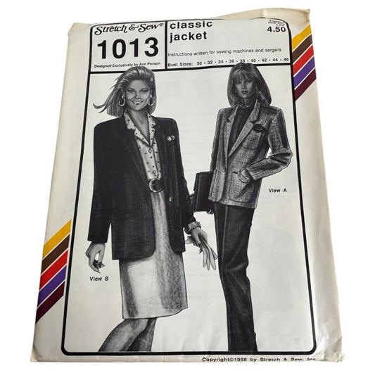 Stretch and Sew Sewing Pattern 1013 Classic Jacket Work Blazer Bust 30-46 in UC