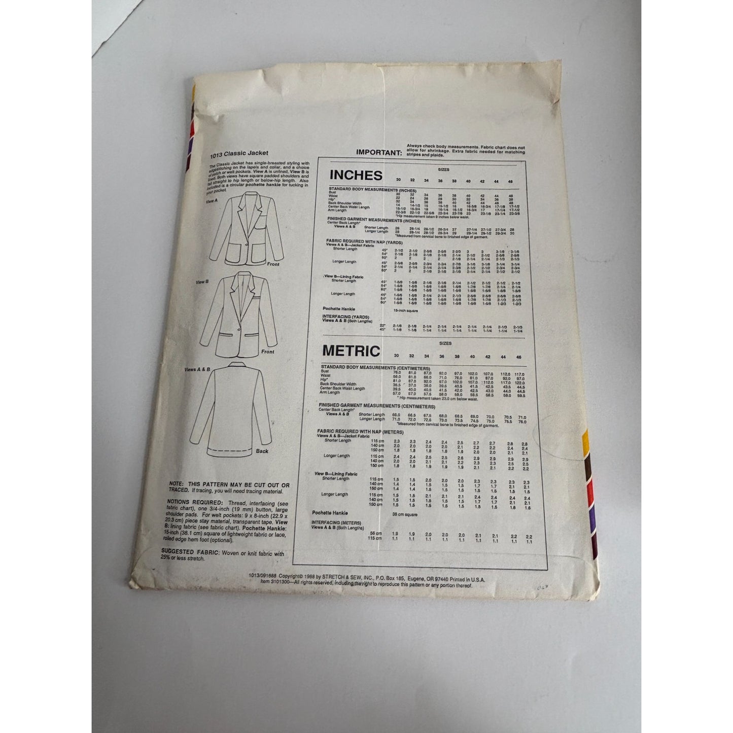 Stretch and Sew Sewing Pattern 1013 Classic Jacket Work Blazer Bust 30-46 in UC