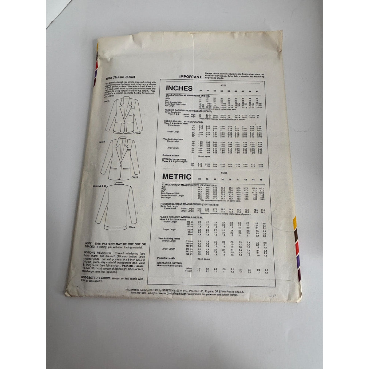 Stretch and Sew Sewing Pattern 1013 Classic Jacket Work Blazer Bust 30-46 in UC