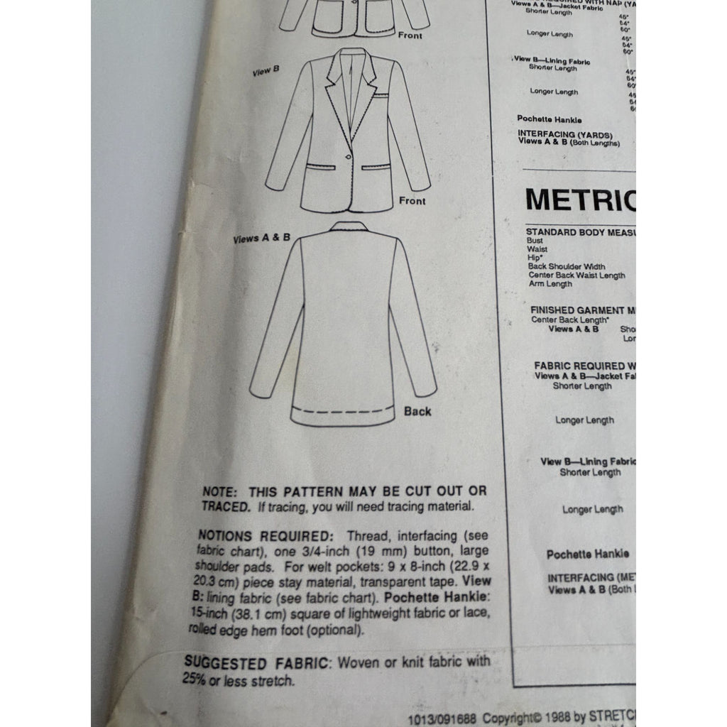 Stretch and Sew Sewing Pattern 1013 Classic Jacket Work Blazer Bust 30-46 in UC