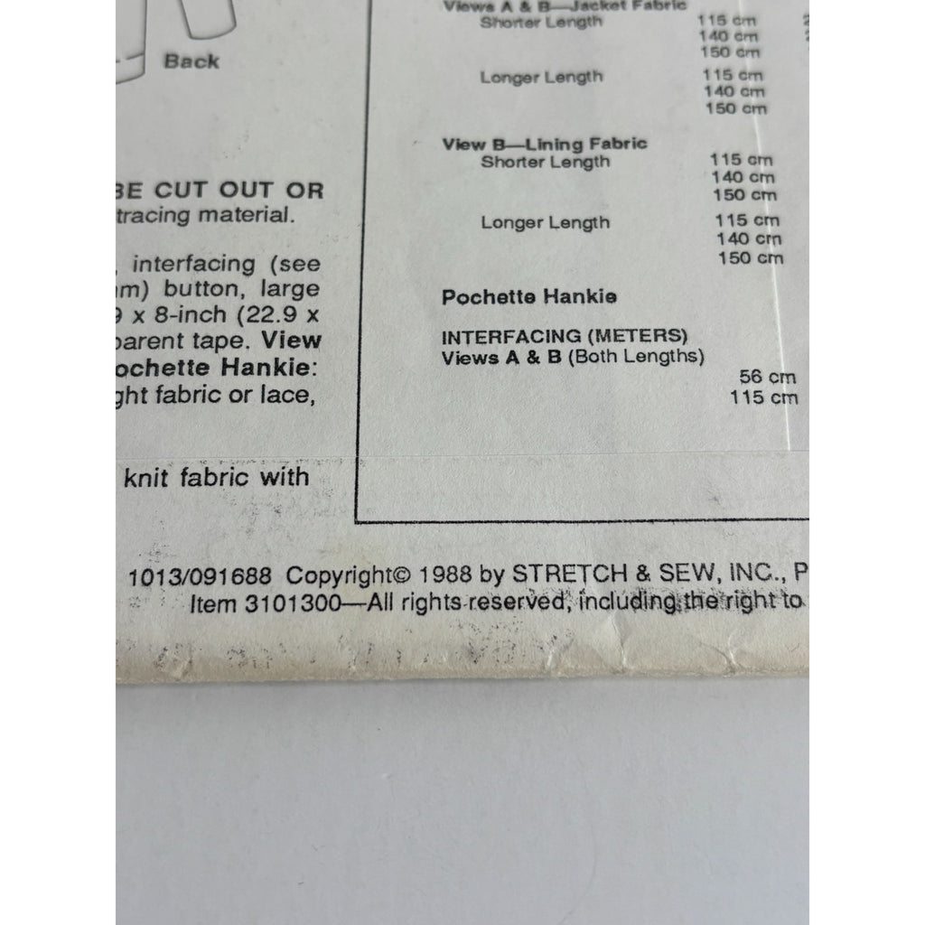 Stretch and Sew Sewing Pattern 1013 Classic Jacket Work Blazer Bust 30-46 in UC
