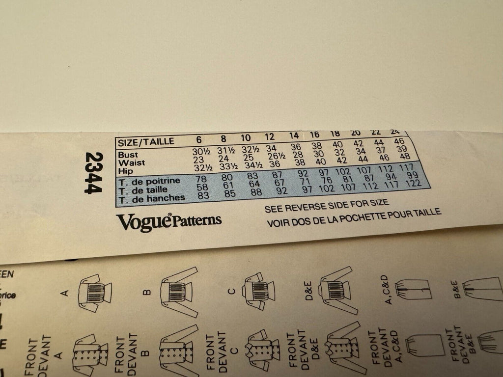 Vogue Sewing Pattern 2344 Blouson Top A-Line Skirt Work Career 12 14 16 Uncut