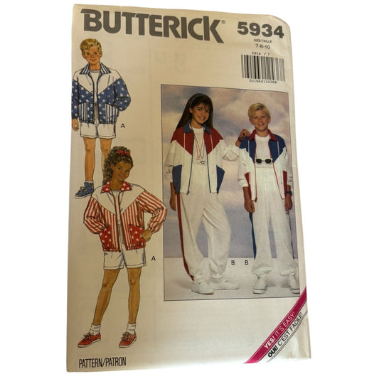Butterick Sewing Pattern 5934 Athletic Active Kids Jacket Shorts Pants Warm Up