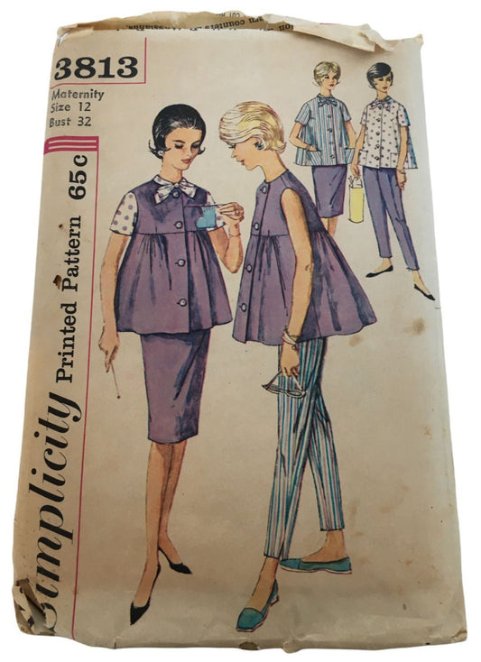 Vintage Maternity Sewing Pattern Simplicity 3813 Top Skirt Shirt Pants 12 Uncut