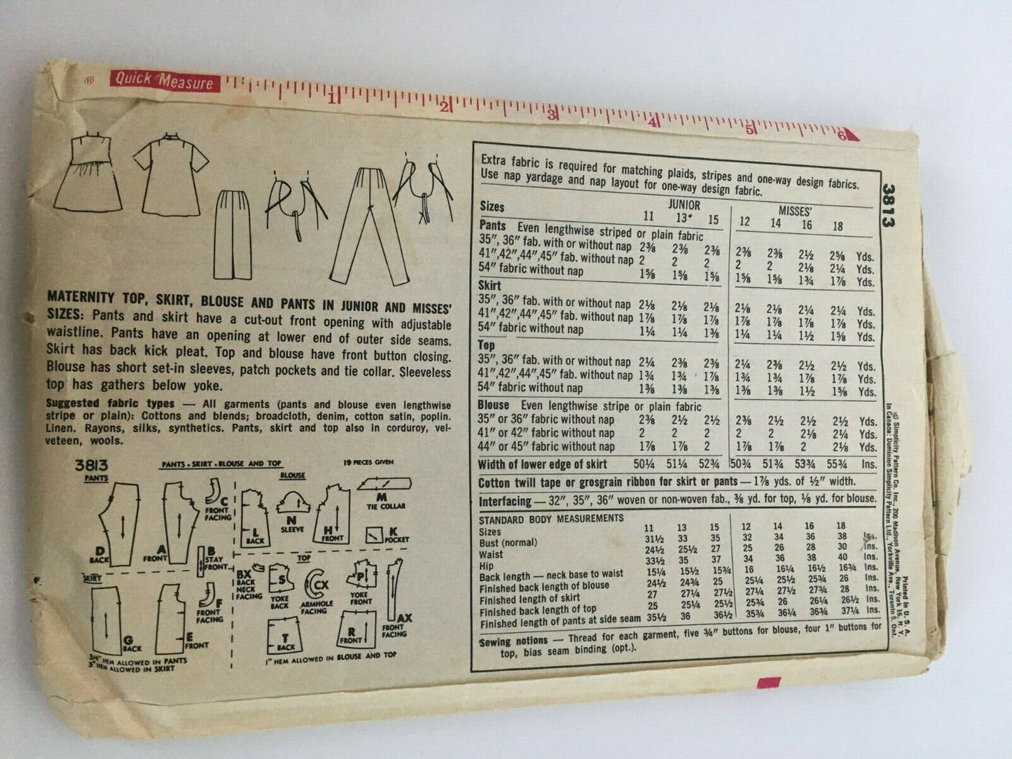 Vintage Maternity Sewing Pattern Simplicity 3813 Top Skirt Shirt Pants 12 Uncut