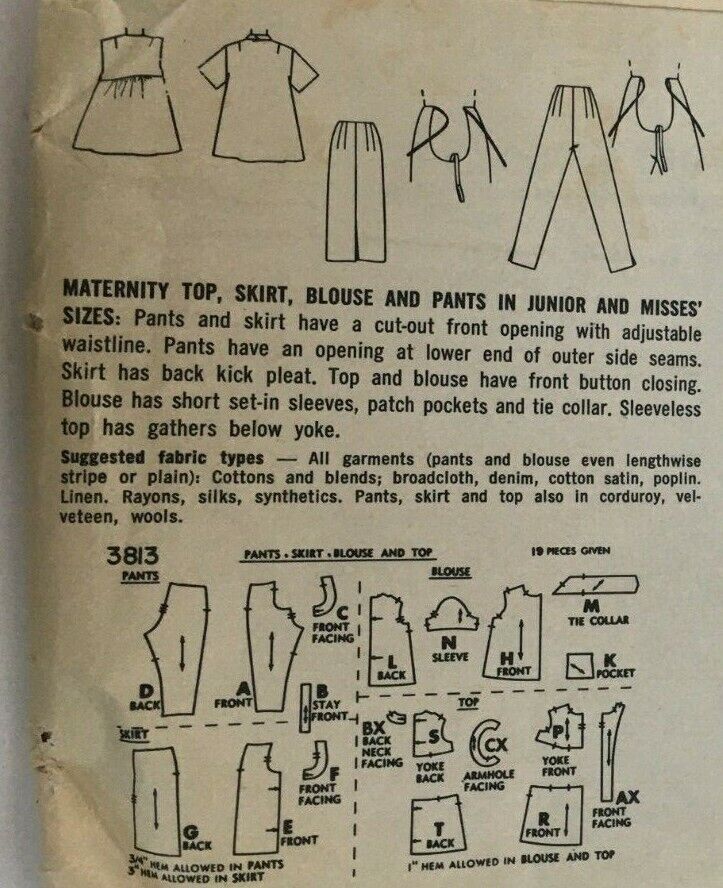 Vintage Maternity Sewing Pattern Simplicity 3813 Top Skirt Shirt Pants 12 Uncut