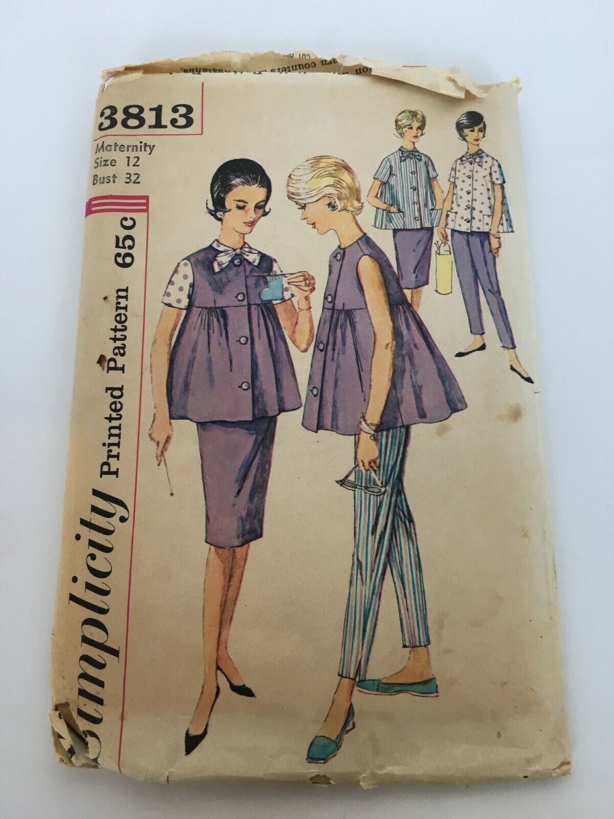 Vintage Maternity Sewing Pattern Simplicity 3813 Top Skirt Shirt Pants 12 Uncut
