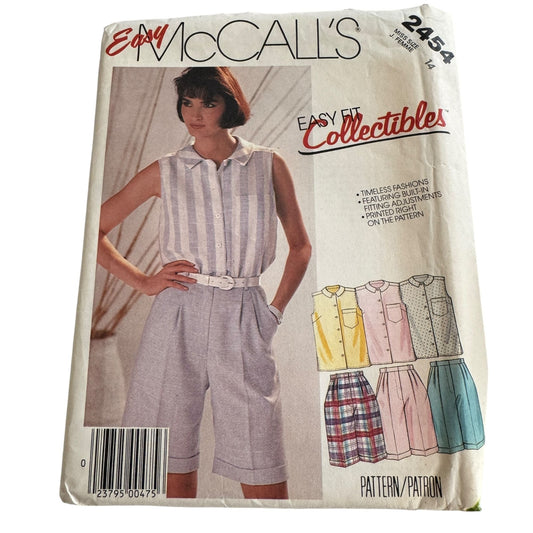 McCalls Sewing Pattern 2454 Easy Fit Button Shirt Shorts Summer Cruise 14 UC 80s