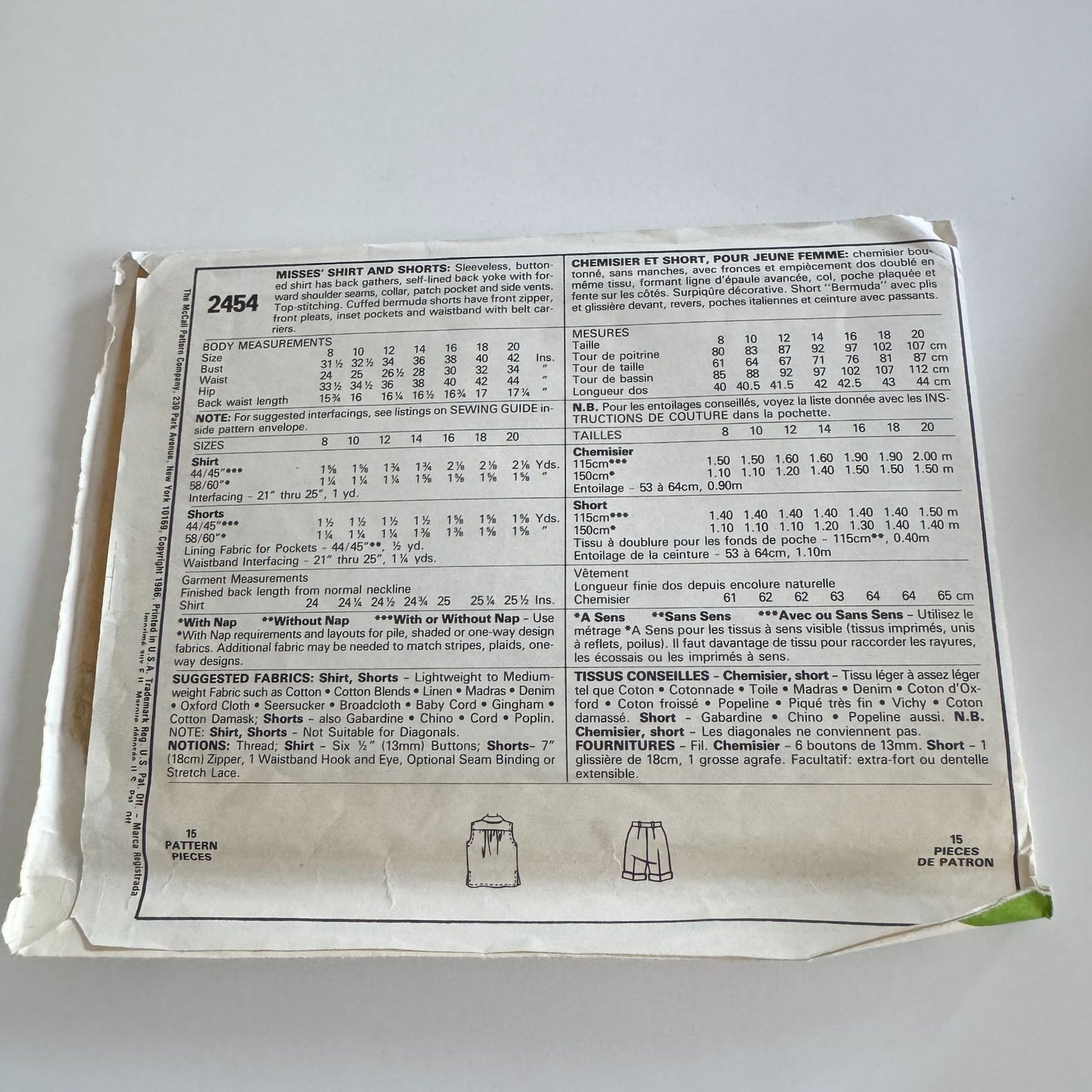 McCalls Sewing Pattern 2454 Easy Fit Button Shirt Shorts Summer Cruise 14 UC 80s