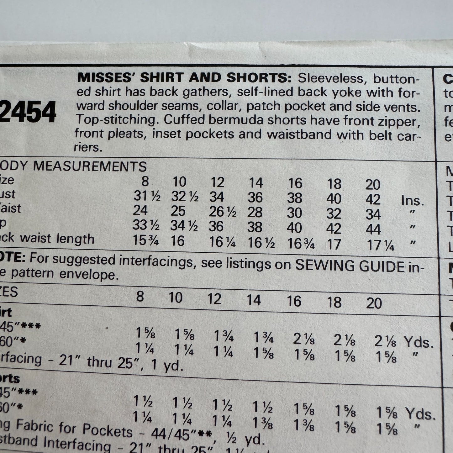 McCalls Sewing Pattern 2454 Easy Fit Button Shirt Shorts Summer Cruise 14 UC 80s