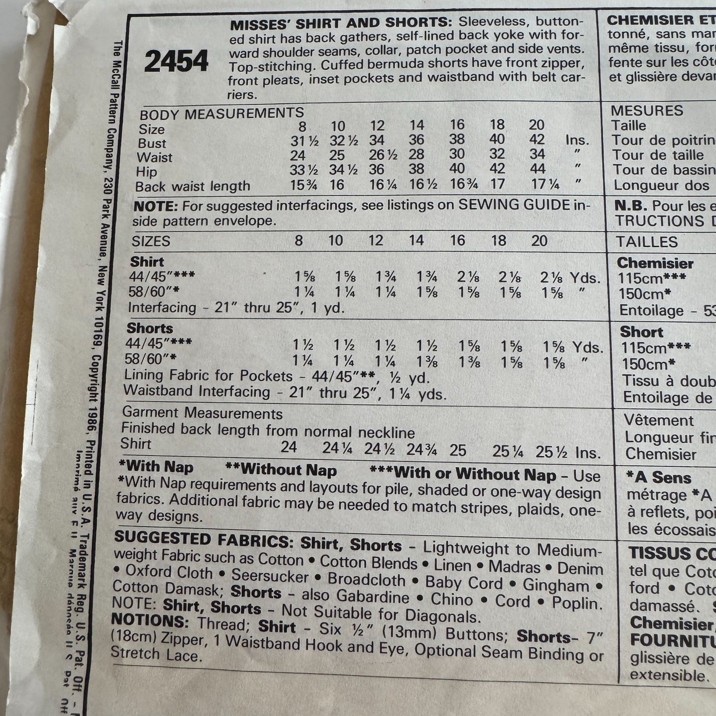 McCalls Sewing Pattern 2454 Easy Fit Button Shirt Shorts Summer Cruise 14 UC 80s