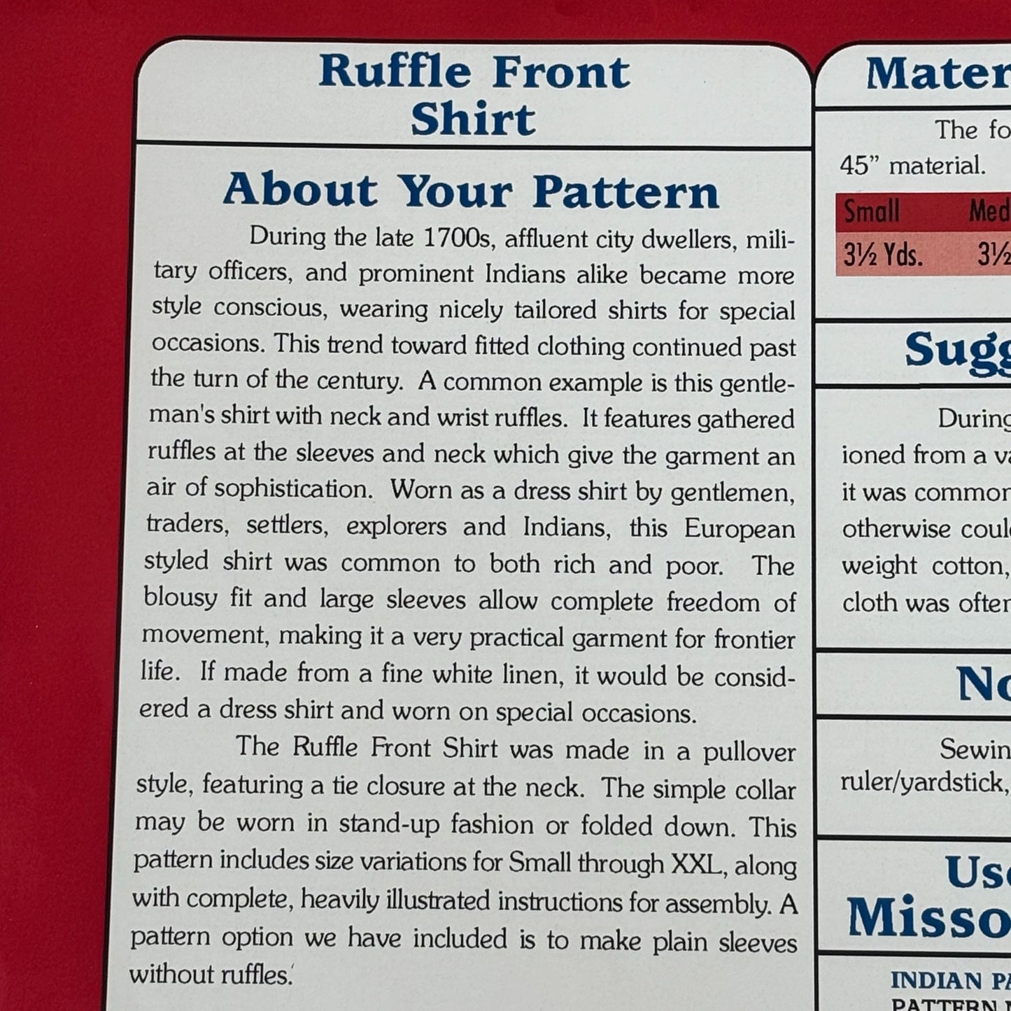 Missouri River Sewing Pattern Ruffle Front Shirt 18th Century Frontier Historical Costume S-XXL Uncut