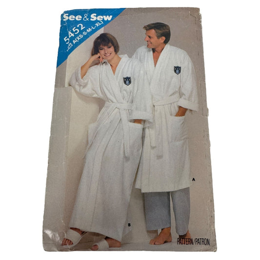 See and Sew Sewing Pattern 5452 Unisex Wrap Robe XS S M L XL Uncut 1980s Vintage