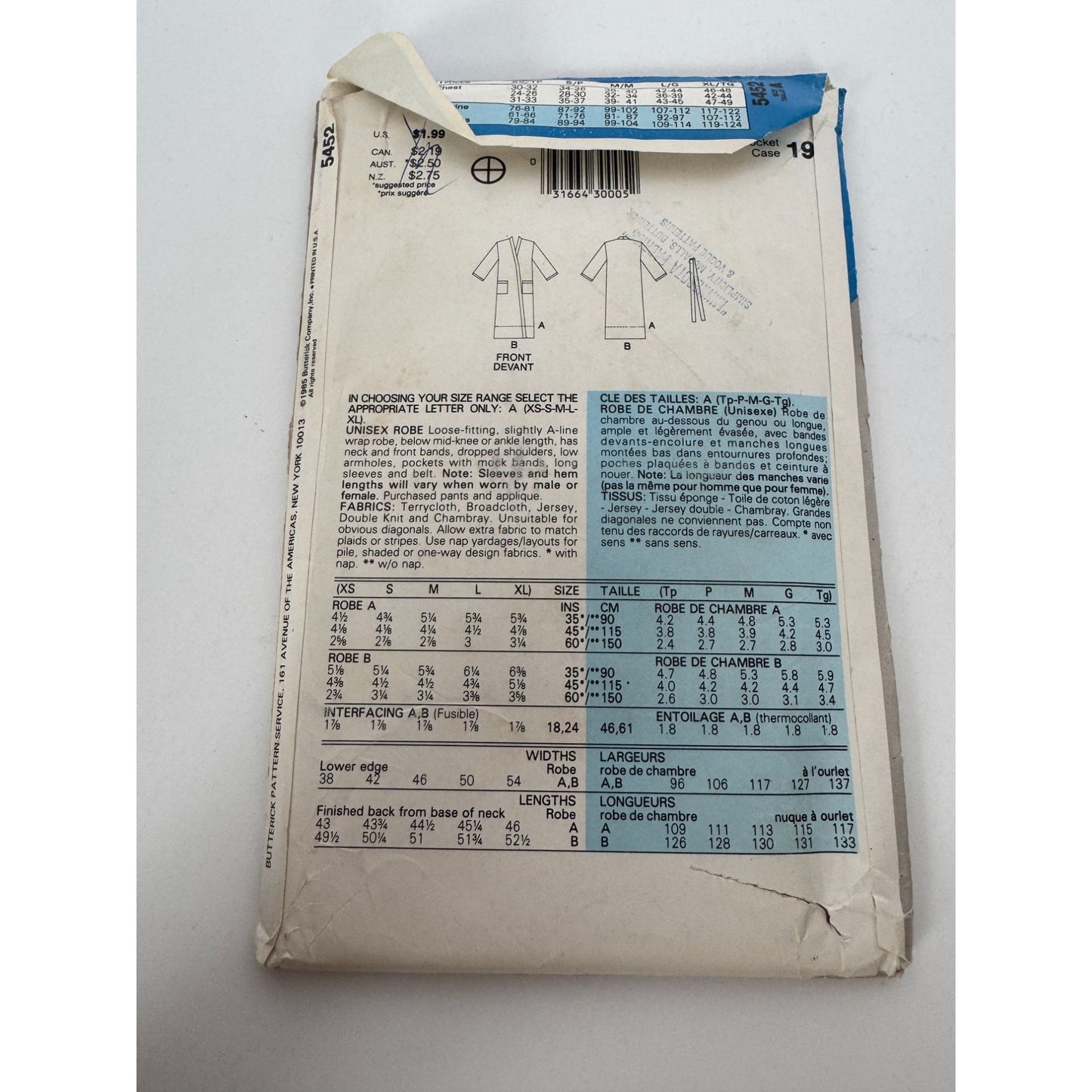 See and Sew Sewing Pattern 5452 Unisex Wrap Robe XS S M L XL Uncut 1980s Vintage