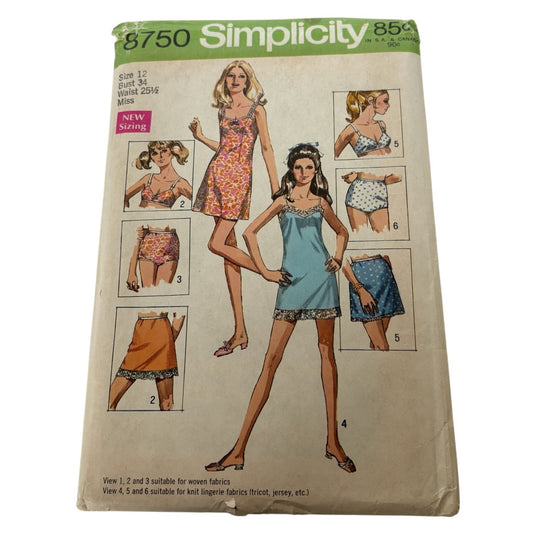 Simplicity Sewing Pattern 8750 Misses Mini Slip Bra Size 12 Vintage 1970 Uncut