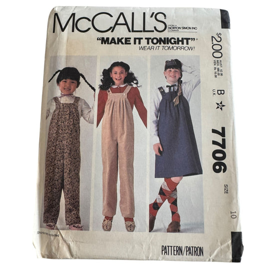 McCalls Sewing Pattern 7706 Girls Overalls Jumper Jumpsuit 1980s Fall Size 10 UC