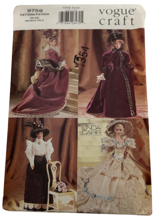 Vogue Sewing Pattern 9759 Craft Fashion Doll Clothing Period Costumes Clothes UC