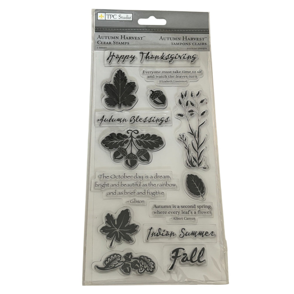 TPC Studio Clear Stamps Set Autumn Harvest Thanksgiving Fall Leaves Acorns Words Sentiments October