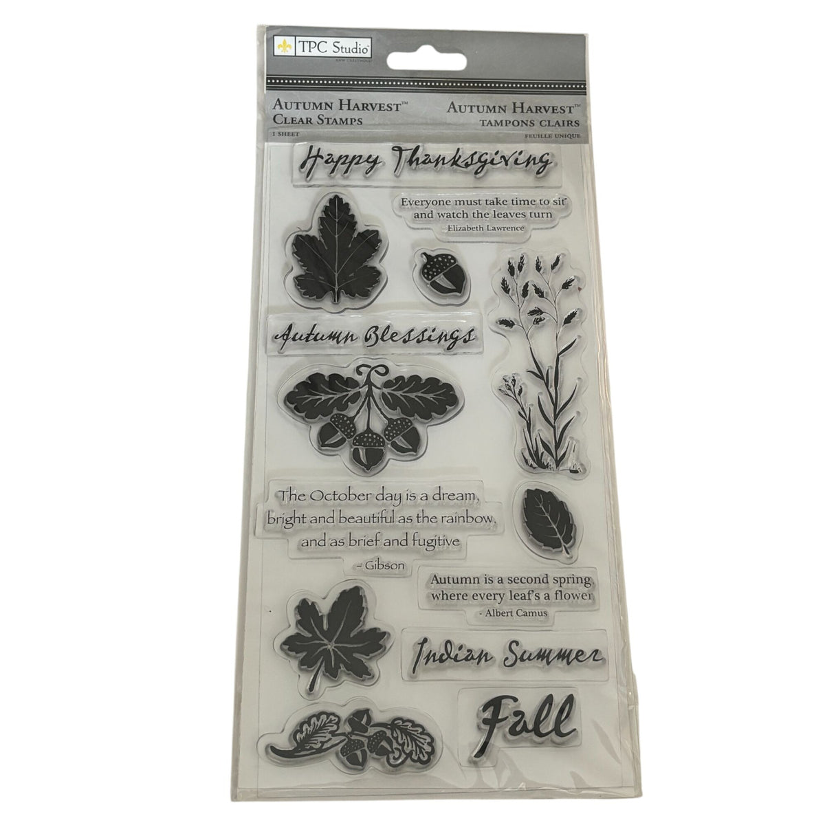 TPC Studio Clear Stamps Set Autumn Harvest Thanksgiving Fall Leaves Acorns Words Sentiments October