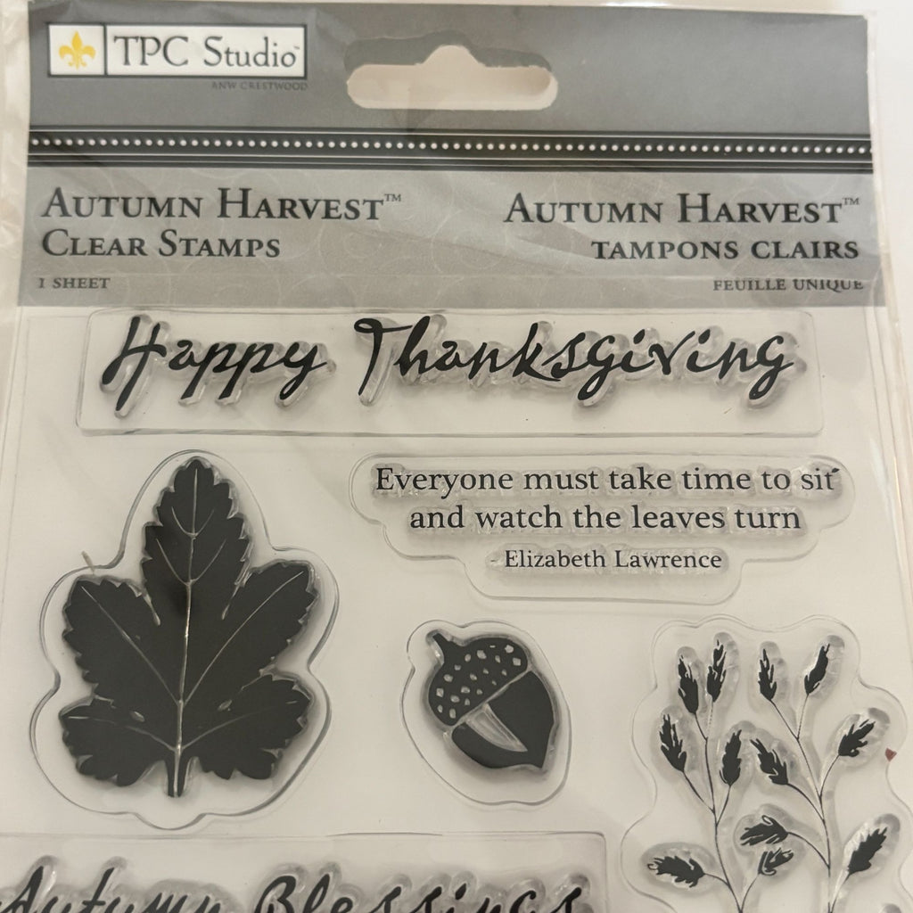 TPC Studio Clear Stamps Set Autumn Harvest Thanksgiving Fall Leaves Acorns Words Sentiments October