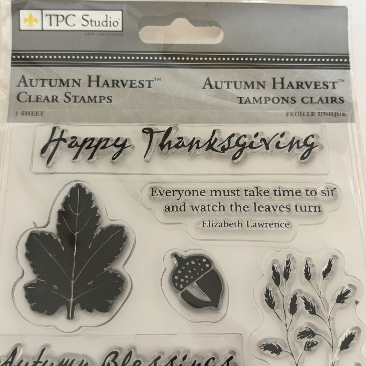 TPC Studio Clear Stamps Set Autumn Harvest Thanksgiving Fall Leaves Acorns Words Sentiments October