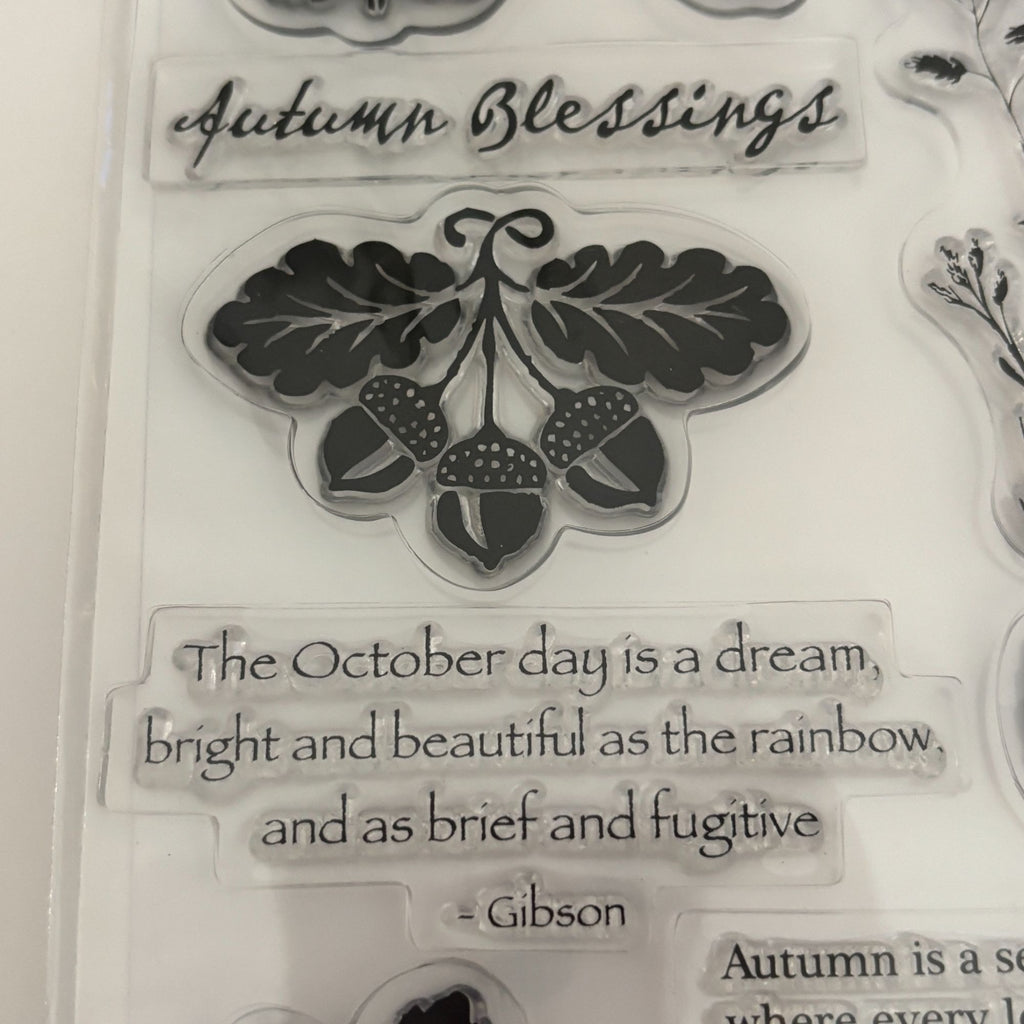 TPC Studio Clear Stamps Set Autumn Harvest Thanksgiving Fall Leaves Acorns Words Sentiments October