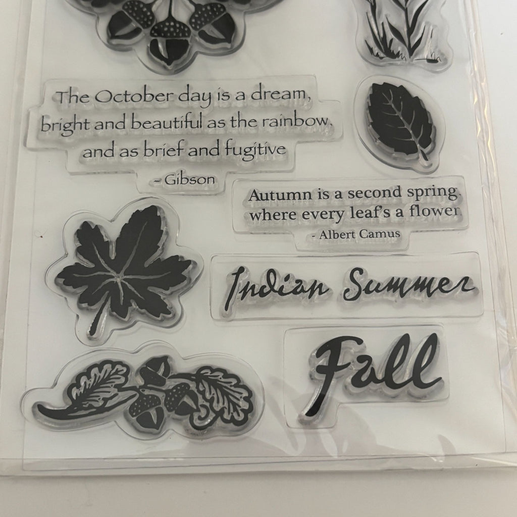 TPC Studio Clear Stamps Set Autumn Harvest Thanksgiving Fall Leaves Acorns Words Sentiments October