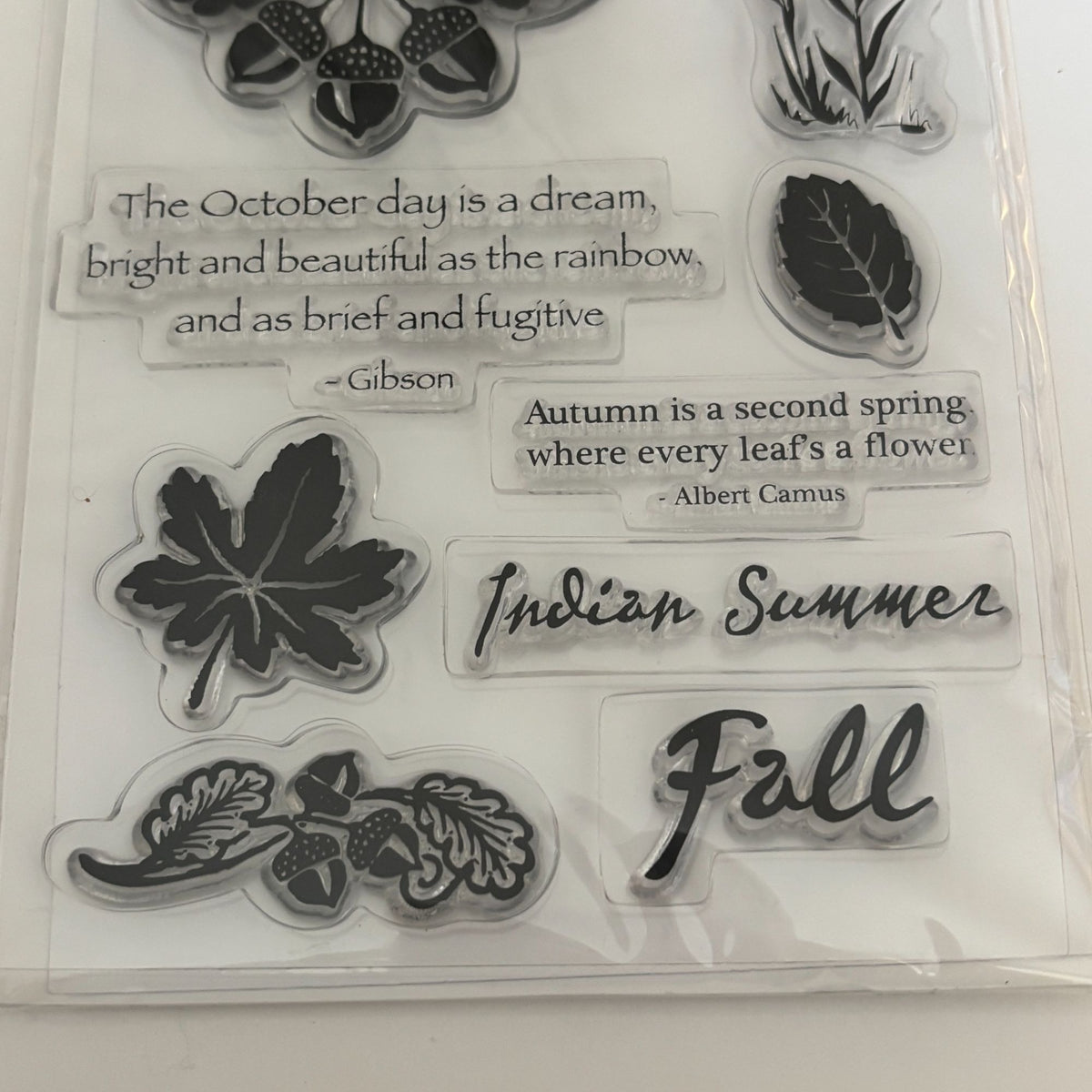 TPC Studio Clear Stamps Set Autumn Harvest Thanksgiving Fall Leaves Acorns Words Sentiments October