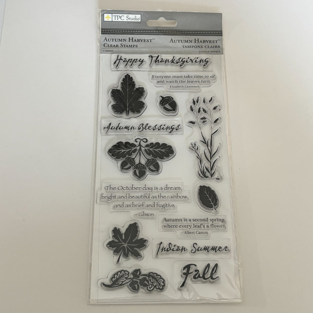 TPC Studio Clear Stamps Set Autumn Harvest Thanksgiving Fall Leaves Acorns Words Sentiments October