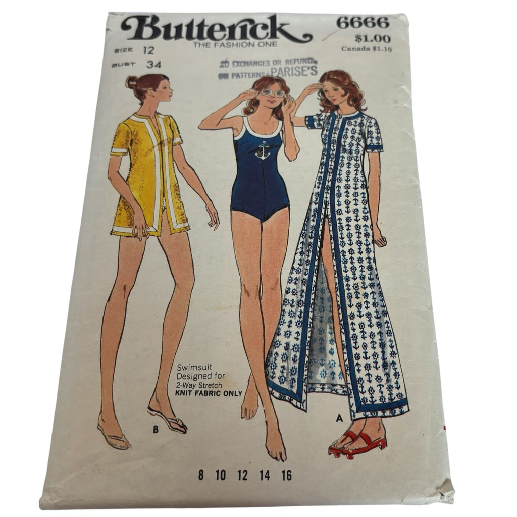 Butterick Sewing Pattern 6666 Swimsuit and Cover-Up CUT Size 12 Bust 34 1970s