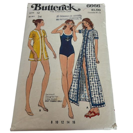 Butterick Sewing Pattern 6666 Swimsuit and Cover-Up CUT Size 12 Bust 34 1970s