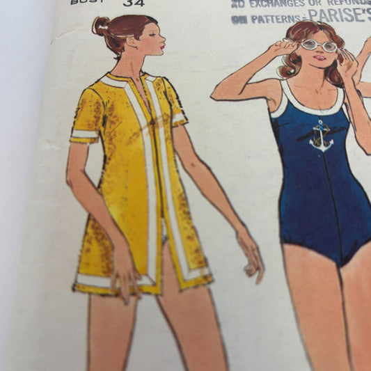 Butterick Sewing Pattern 6666 Swimsuit and Cover-Up CUT Size 12 Bust 34 1970s