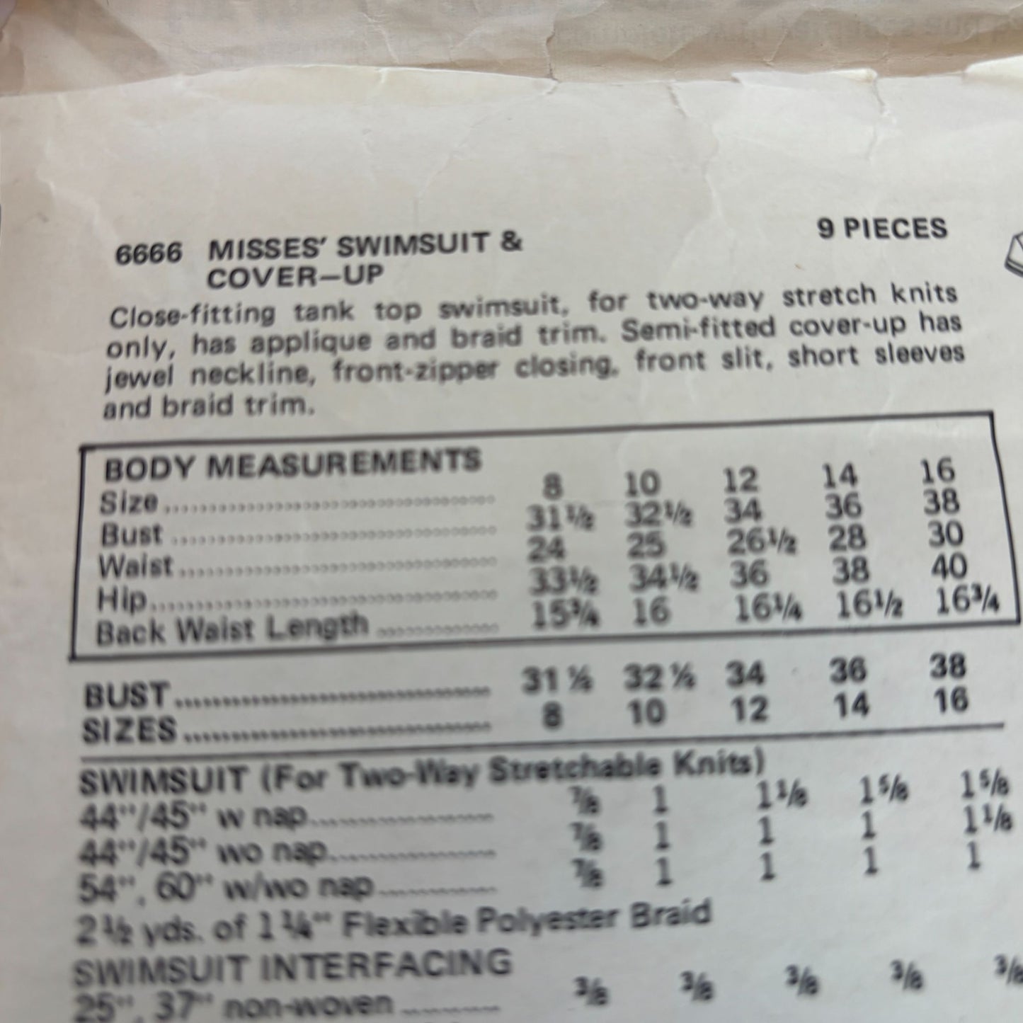 Butterick Sewing Pattern 6666 Swimsuit and Cover-Up CUT Size 12 Bust 34 1970s