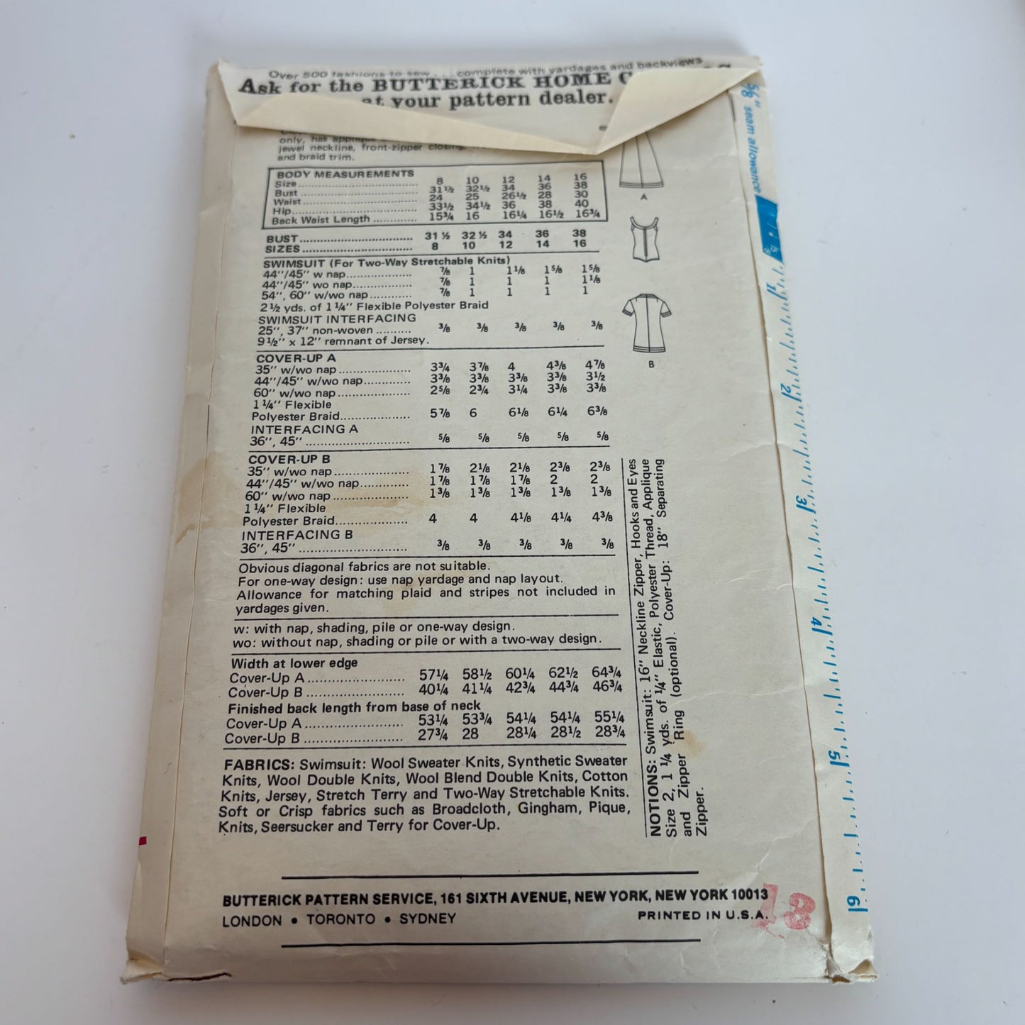 Butterick Sewing Pattern 6666 Swimsuit and Cover-Up CUT Size 12 Bust 34 1970s