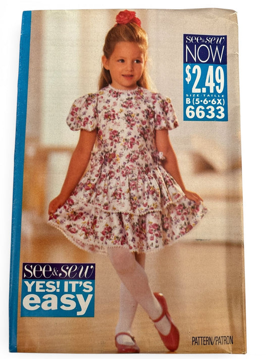 Butterick Sewing Pattern 6633 Girls Dress Ruffle Spring Easter 90s Easy 5 6 6X