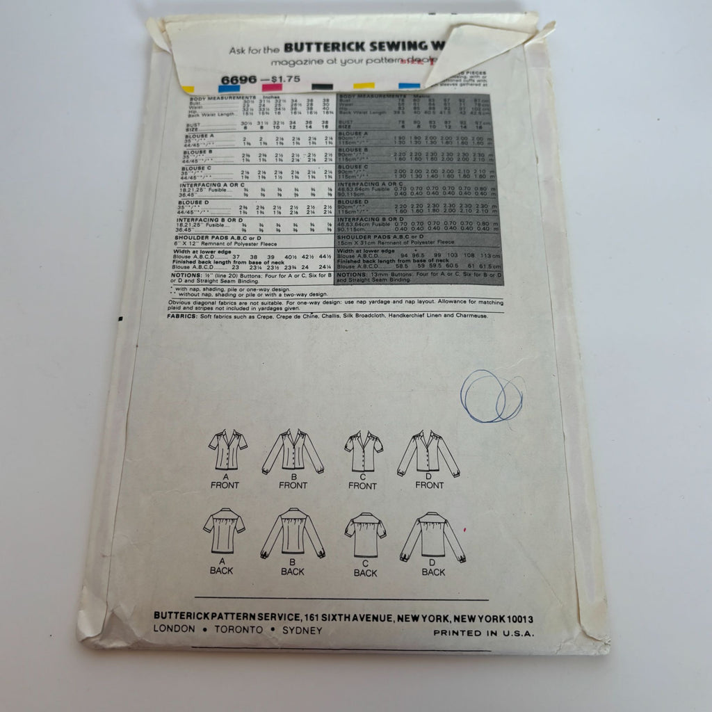 Butterick Sewing Pattern 6696 Casual Shirt Blouses Vintage 1980s CUT to Size 14