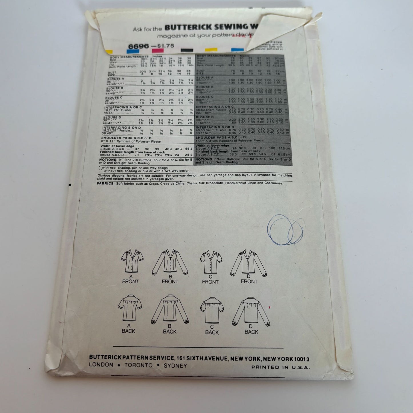 Butterick Sewing Pattern 6696 Casual Shirt Blouses Vintage 1980s CUT to Size 14