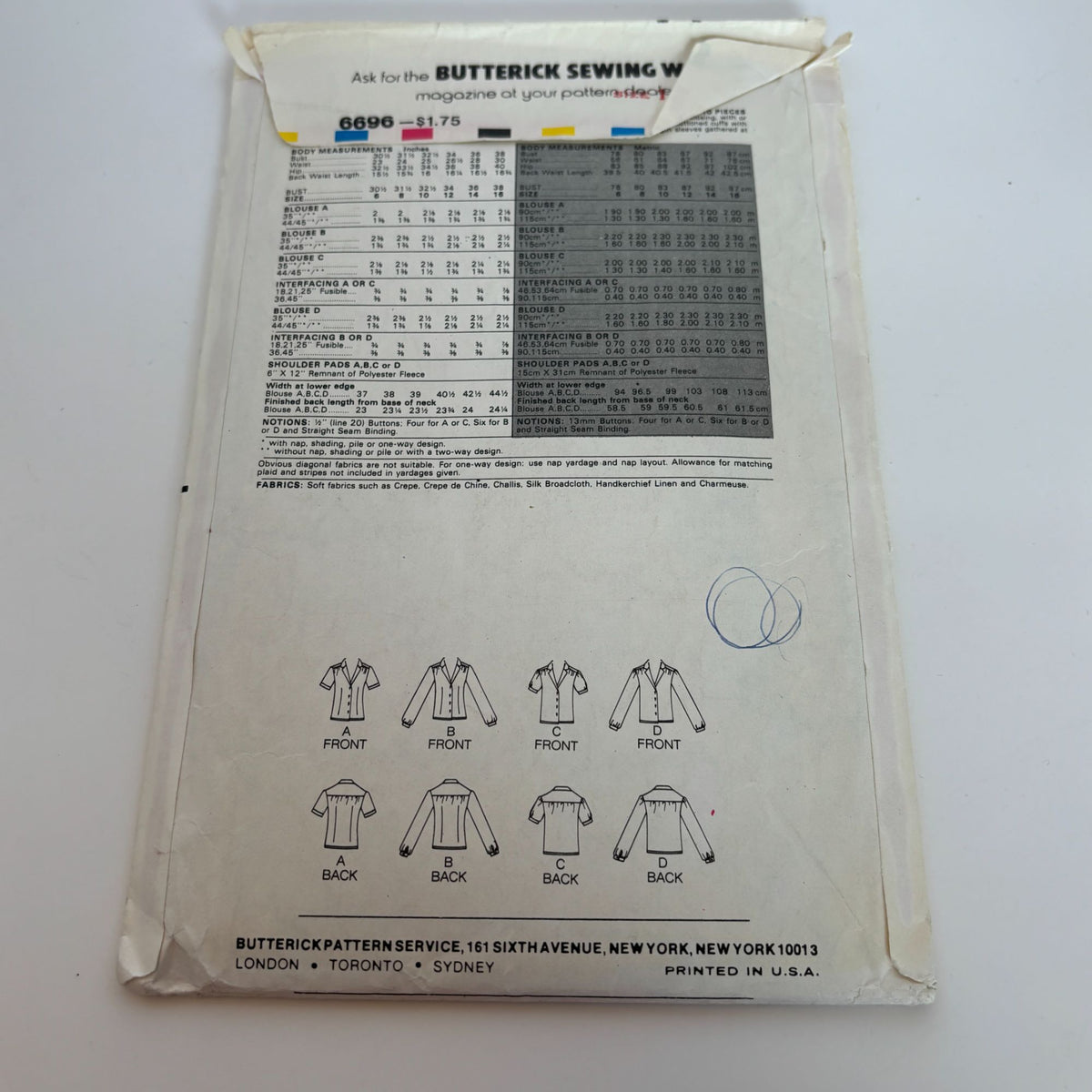 Butterick Sewing Pattern 6696 Casual Shirt Blouses Vintage 1980s CUT to Size 14