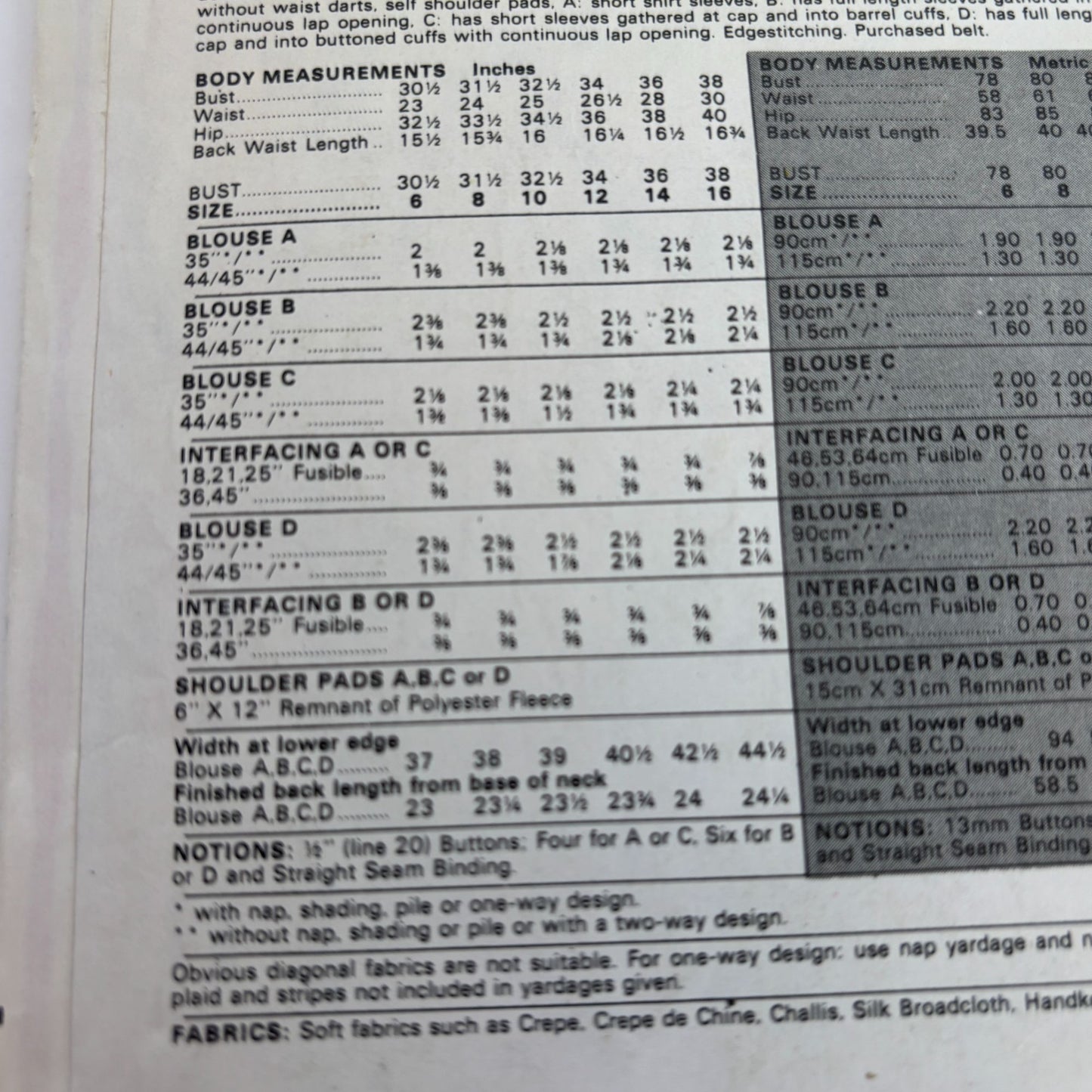 Butterick Sewing Pattern 6696 Casual Shirt Blouses Vintage 1980s CUT to Size 14