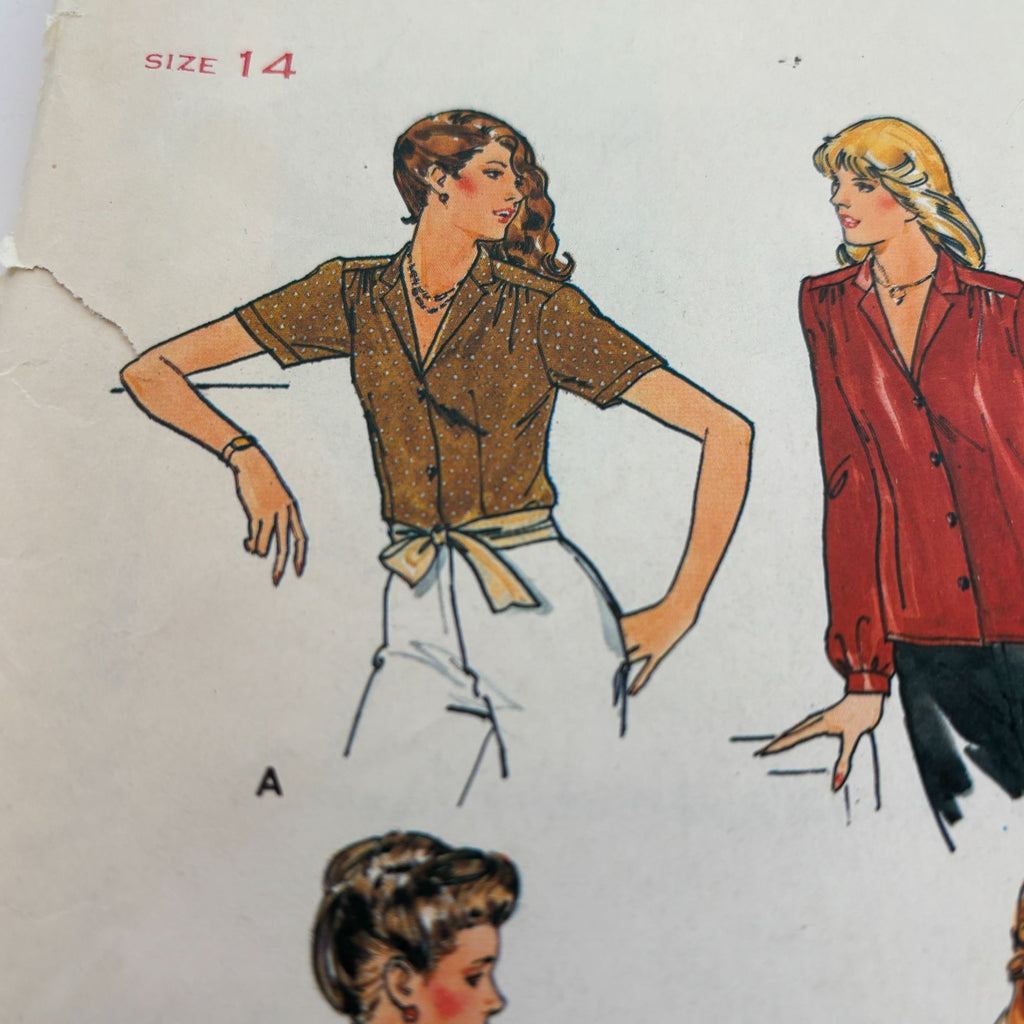 Butterick Sewing Pattern 6696 Casual Shirt Blouses Vintage 1980s CUT to Size 14